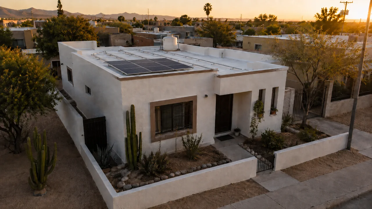 Primeros paneles solares montados sobre la estructura del techo plano.
